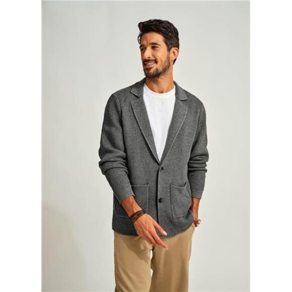 Mens Cardigan Sweater Shawl Collar Button Down Knit Blazer Jacket Knitwear - Picture 3 of 7